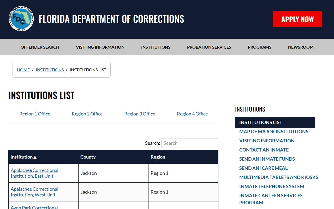 Hardee Correctional Institution listing in the FDC institution directory