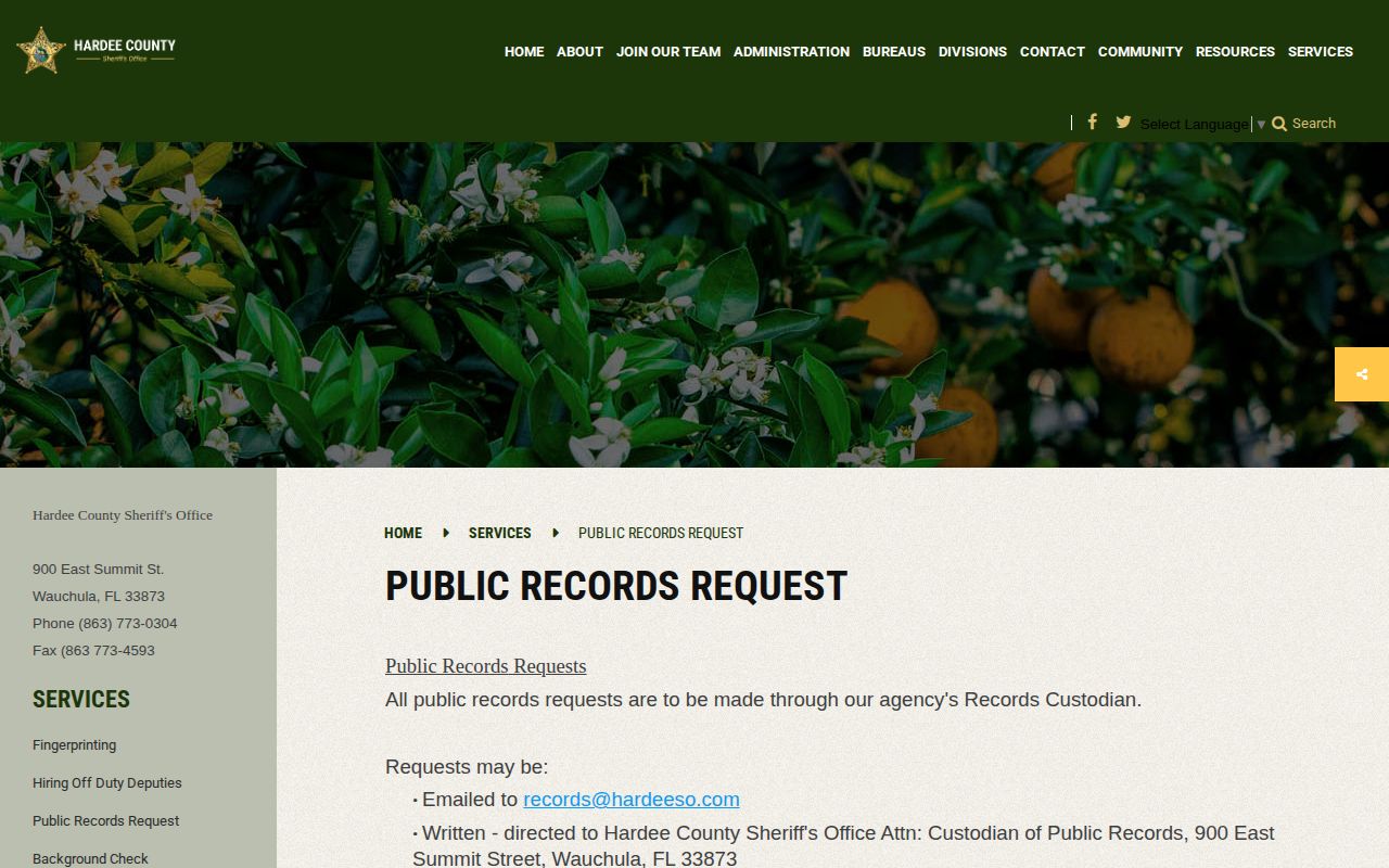 Hardee County 24-hour release records request options