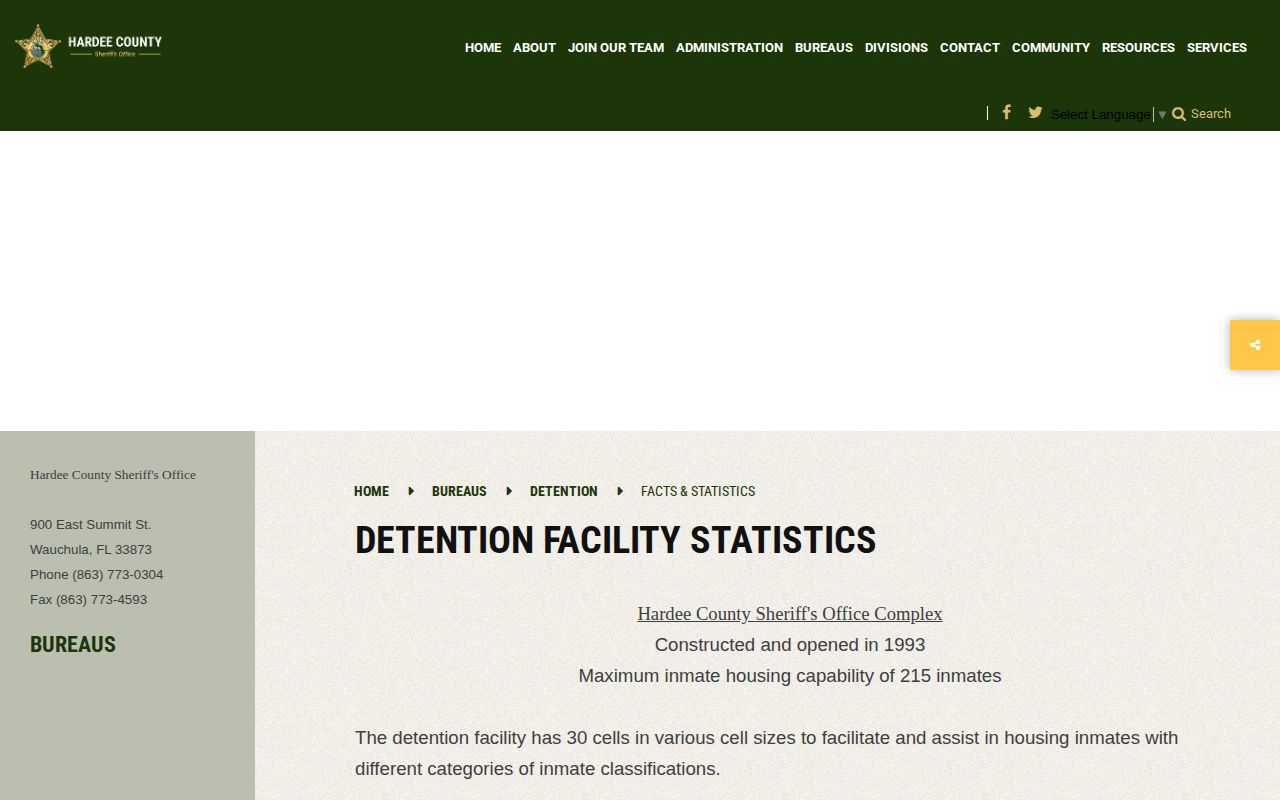 Hardee County Detention Facility release setting and capacity facts