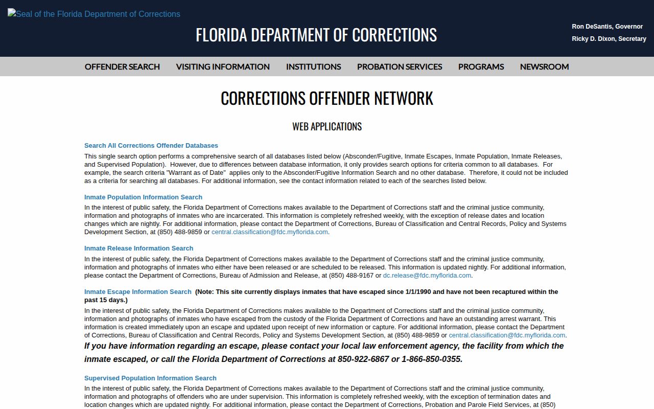 Hardee County release date lookup menu in the Florida corrections network