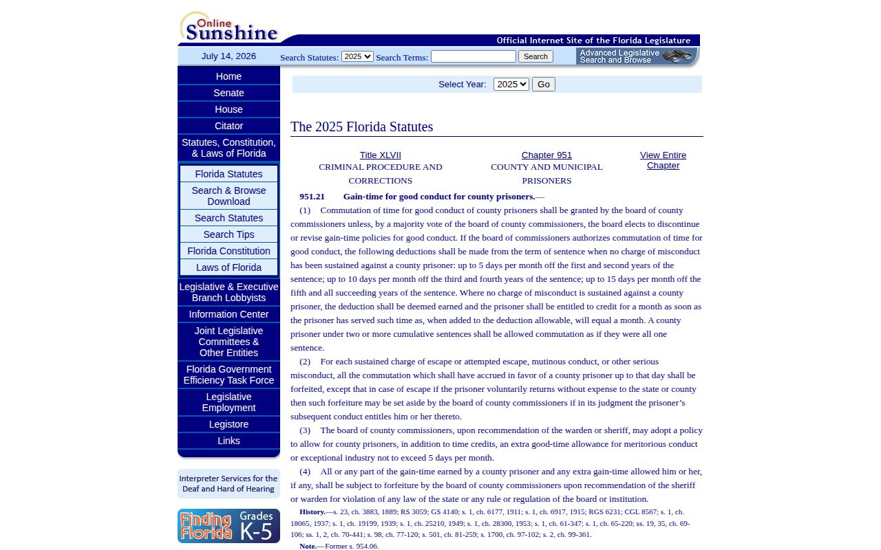 County gain-time statute for a Hardee County jail release date