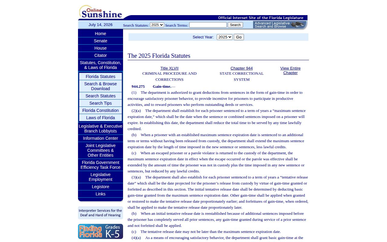 Florida statute governing a Hardee County state-prison tentative release date