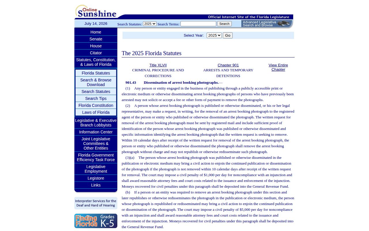 Florida law governing removal of Hardee County released inmate booking photographs
